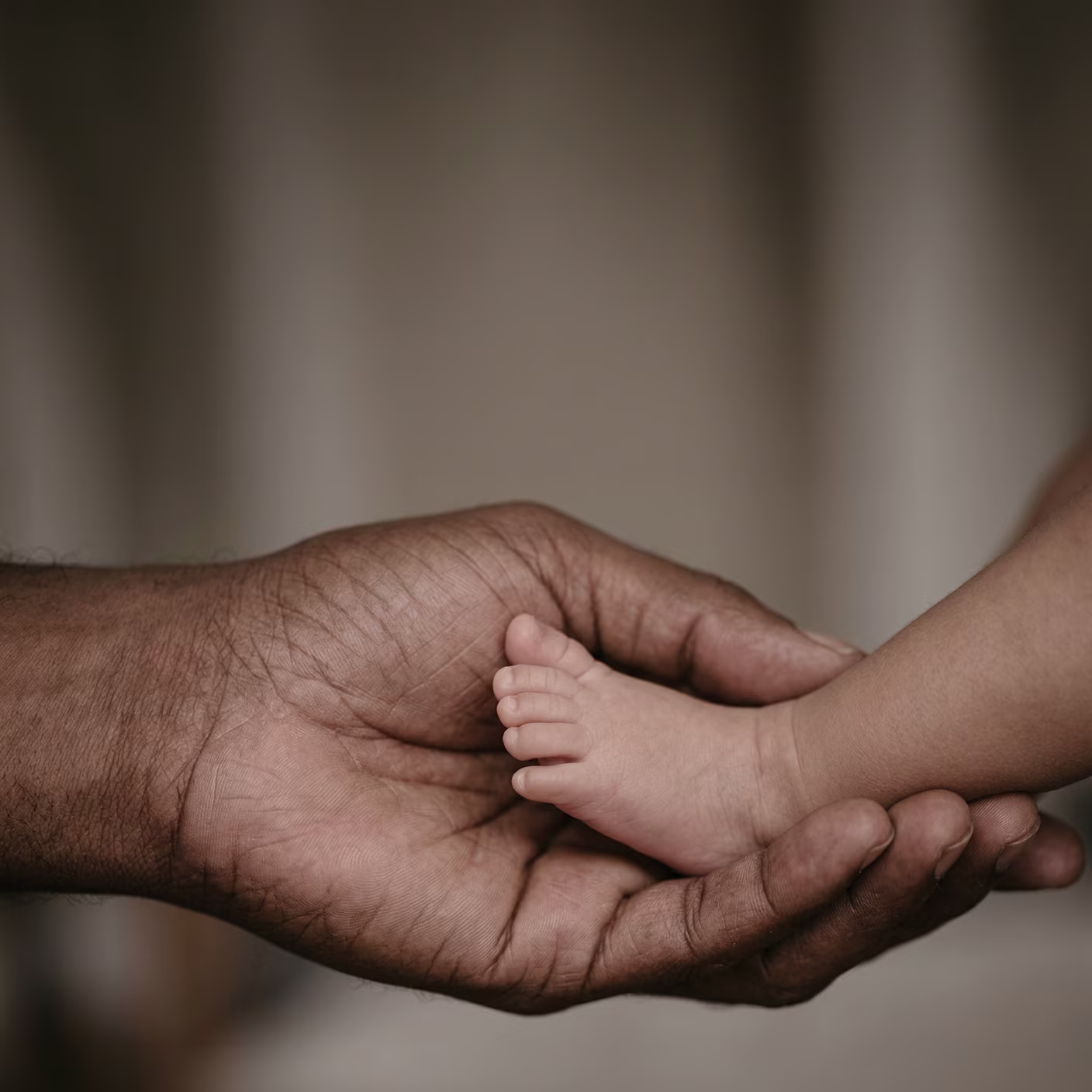 An adult hand holding a baby's foot