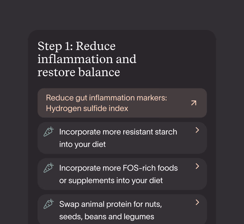 A patient’s action plan, step 1: reduce inflammation and restore balance, with the marker to bring down and three diet changes to make.